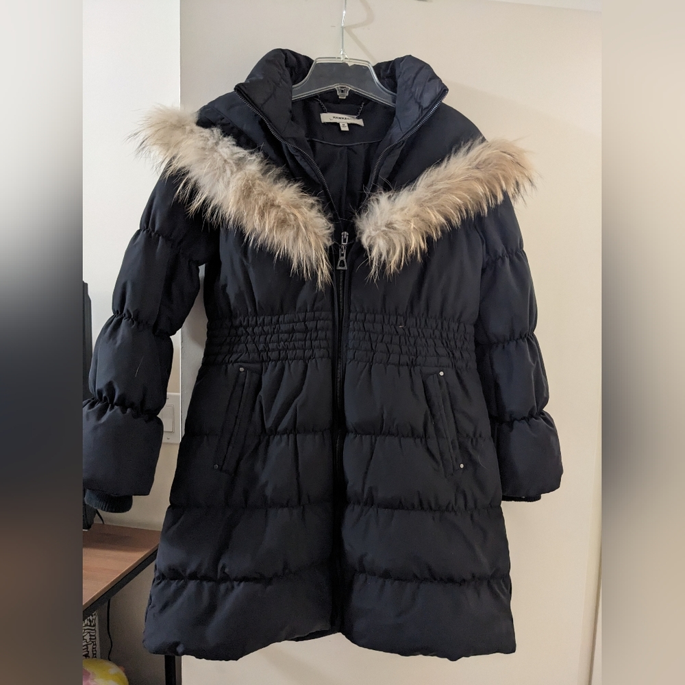 Hawke & Co coat black mid-length size M real fur trim detachable